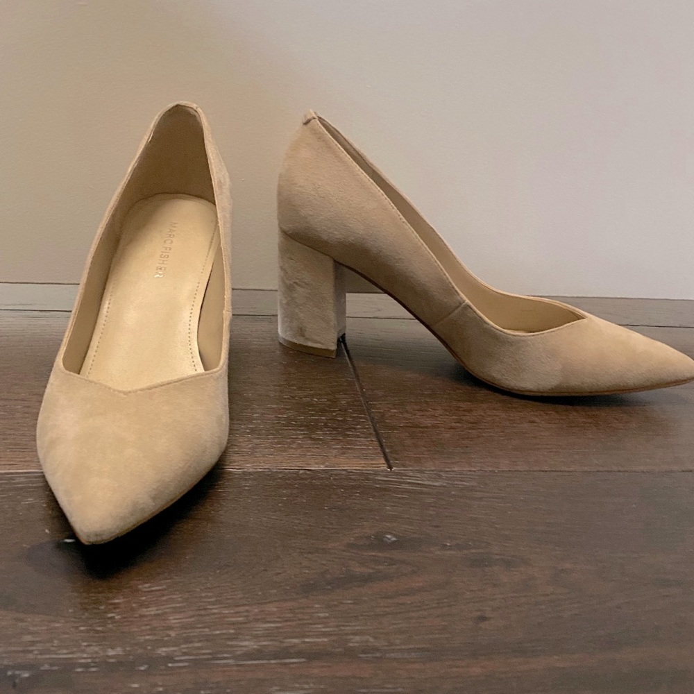 Marc Fisher Nude Beige, Suede Block Heel Pumps